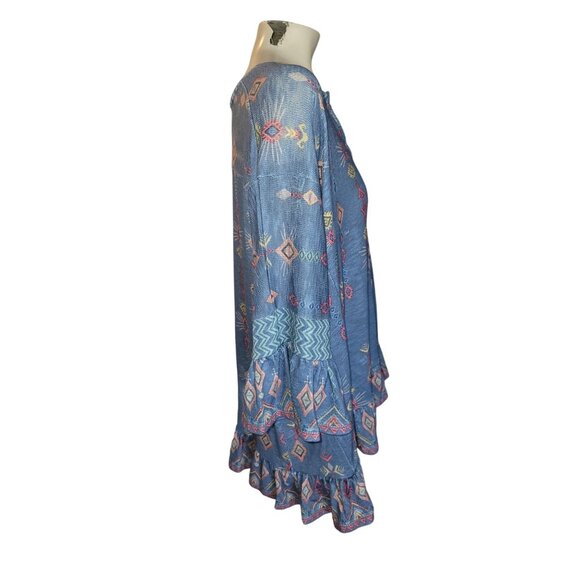 Boho-Chic V-Neck Ruffle Hem Top With Aztec-Inspired Print By Weekend Suzanne Bet - Picture 2 of 8